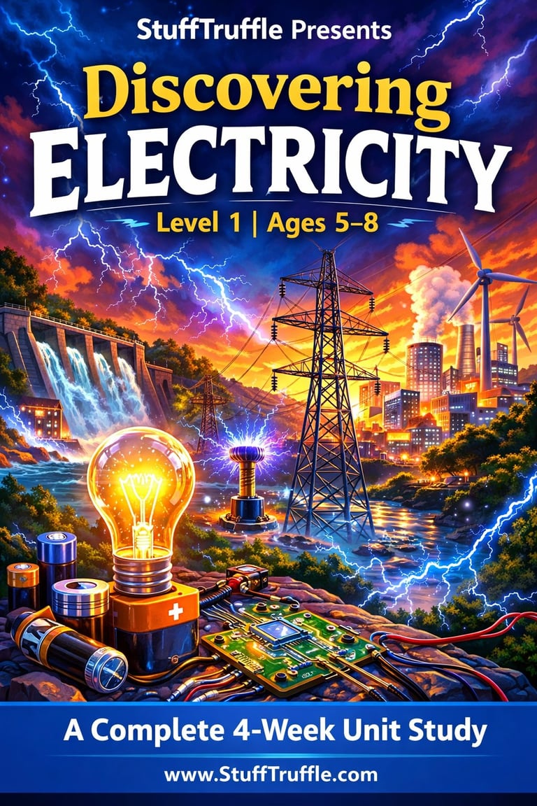 Educational cover for Discovering Electricity Level 1 course for ages 5-8, featuring lightning, lightbulb, power lines, and cityscape