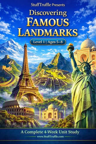 Educational book cover titled Discovering Famous Landmarks Level 1 for ages 5-8, featuring iconic monuments including Eiffel Tower, Statue of Liberty, Great Wall of China, Taj Mahal, and Colosseum