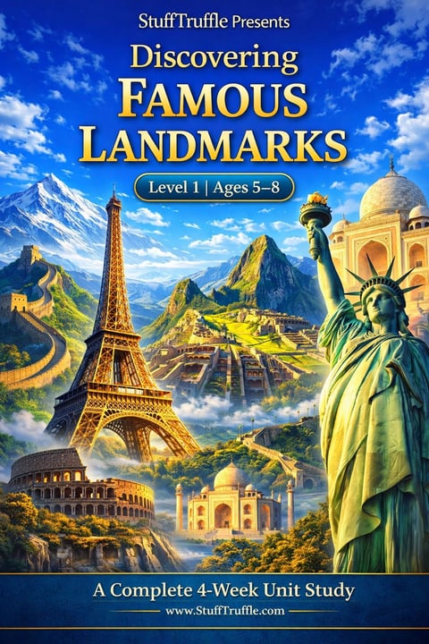 Educational book cover titled Discovering Famous Landmarks Level 1 for ages 5-8, featuring iconic monuments including Eiffel Tower, Statue of Liberty, Great Wall of China, Taj Mahal, and Colosseum