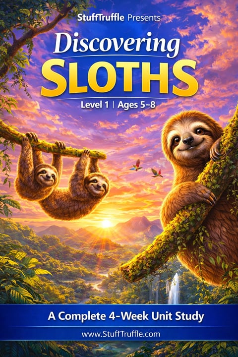 Educational book cover for Discovering Sloths Level 1 Ages 5-8, featuring three sloths in a rainforest canopy at sunset