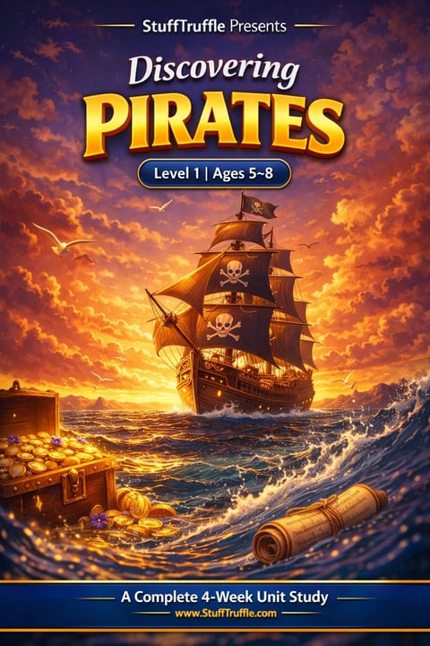 StuffTruffle Discovering Pirates educational book cover for ages 5-8, showing a pirate ship with skull sails at sunset, treasure chest, and telescope