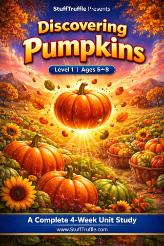 StuffTruffle educational book cover for Discovering Pumpkins Level 1 Ages 5-8 featuring glowing pumpkin in autumn field with sunflowers
