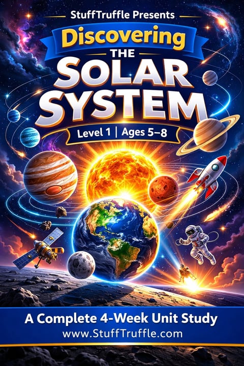 Educational poster for Discovering the Solar System Level 1 course for ages 5-8, featuring planets, the sun, and space elements against a cosmic background