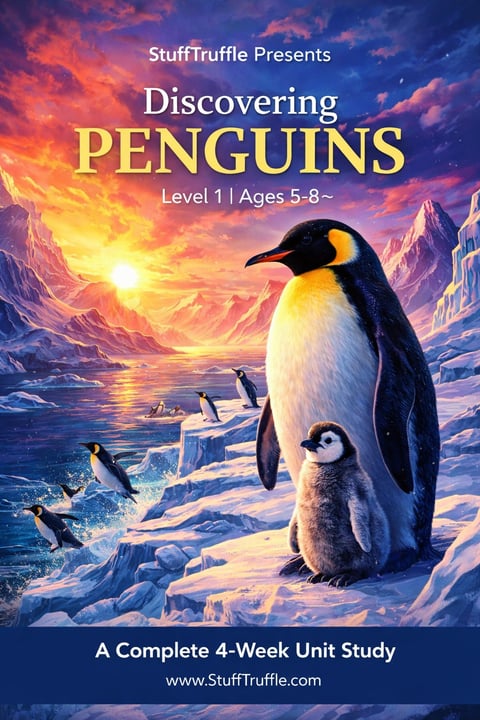 Discovering Penguins book cover featuring an adult penguin and chick in an icy Antarctic landscape at sunset, Level 1 ages 5-8 unit study