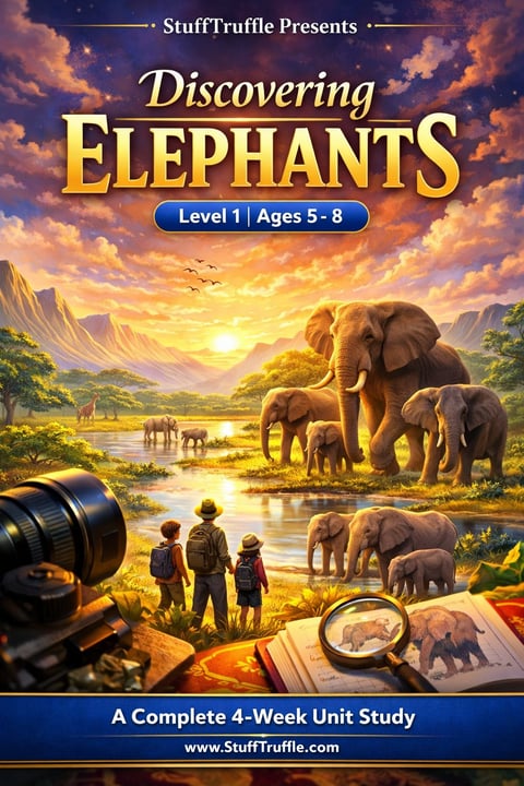 Educational book cover for Discovering Elephants Level 1 ages 5-8, featuring an elephant family by a river at sunset with children observing through binoculars and magnifying glass
