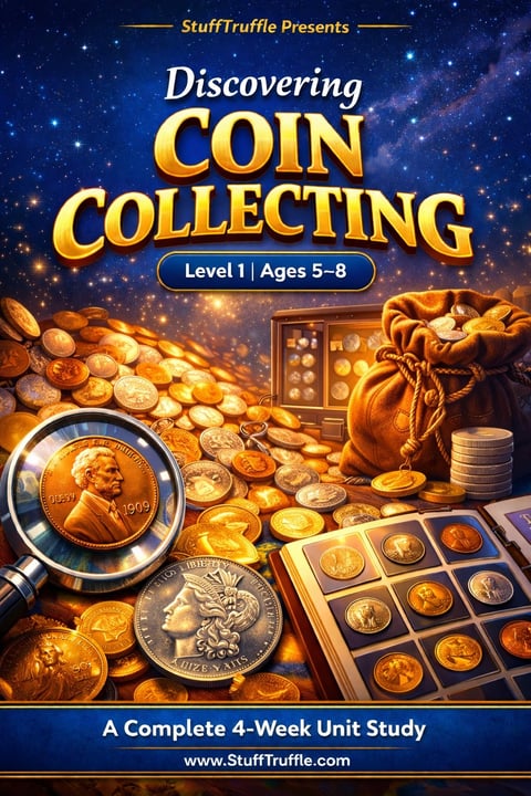 StuffTruffle educational cover for Discovering Coin Collecting Level 1 course for ages 5-8, featuring various coins, magnifying glass, and collection display boxes