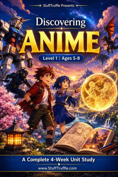 Discovering Anime Level 1 educational program cover featuring anime characters and magical elements for ages 5-8