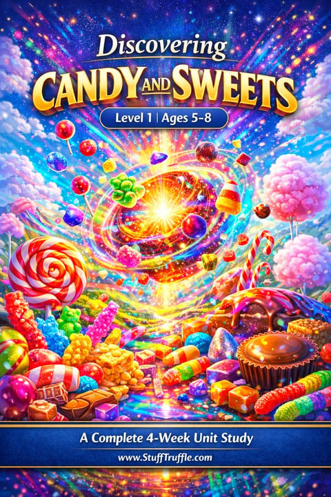 Colorful educational cover for Discovering Candy and Sweets Level 1 unit study with vibrant candy, lollipops, and sweets against a cosmic blue background with sparkles.